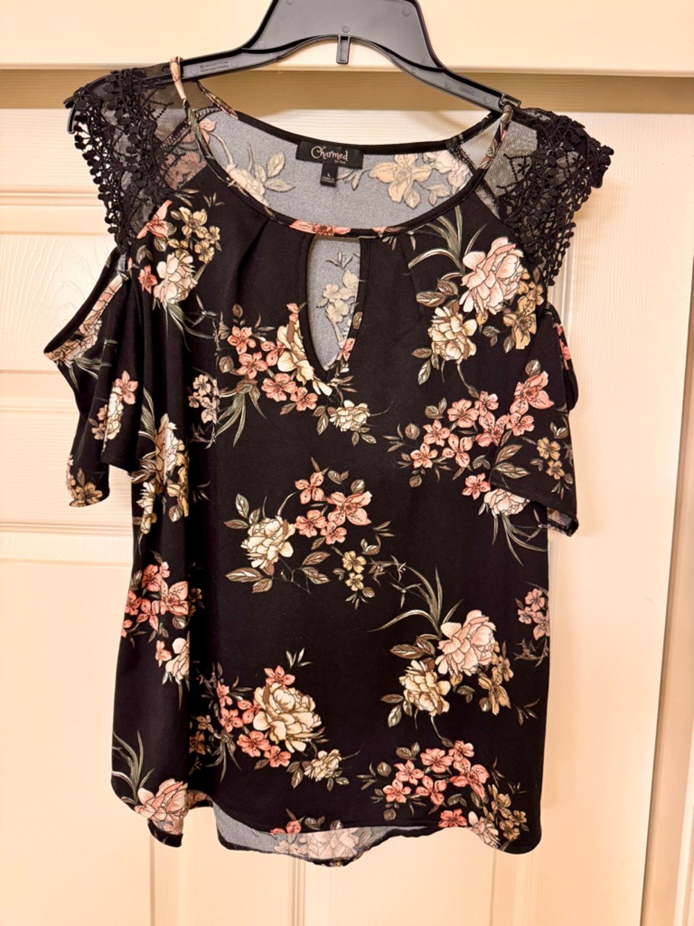 Charmed by Eve Black Floral Cold-Shoulder Blouse with Lace Cap Sleeves
